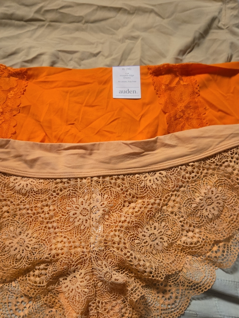 Auden Lace Hipster Panty in Bright Orange cream and Peach